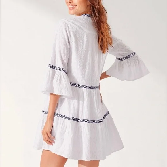 green emerald velvet dress White Tiered Embroidered Pure Cotton Dress for Women – Elegant Boho Chic Style White / Pure Cotton / L main image 0